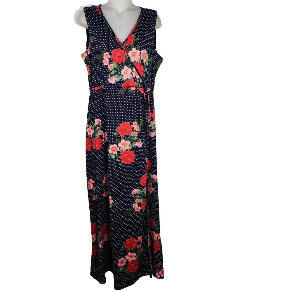 Nina Leonard Women Maxi Dress Large Black Floral Polka Dot Pullover Surplice